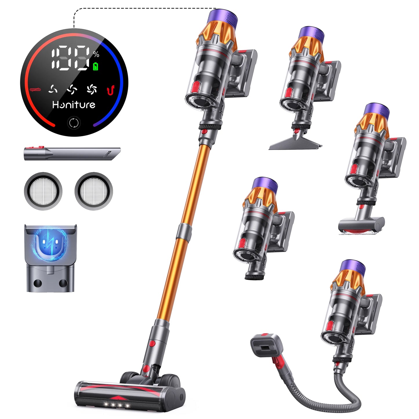 Pet vacuum cleaner with upright wand, multiple tool heads, and control display
