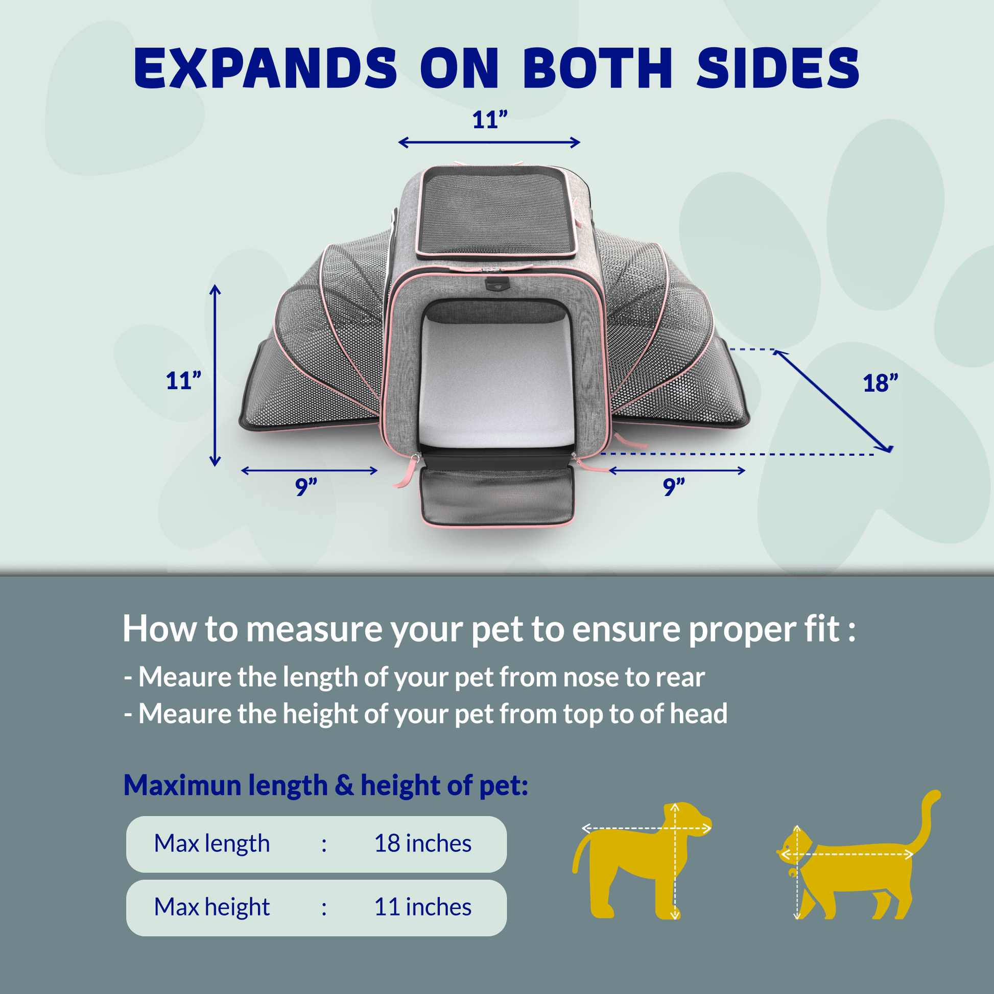Expandable wheeled pet carrier front opening, side measurements showing expanded size