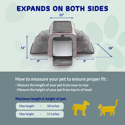 Expandable wheeled pet carrier front opening, side measurements showing expanded size