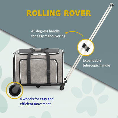Expandable rolling pet carrier with 45-degree handle and telescopic handle, gray