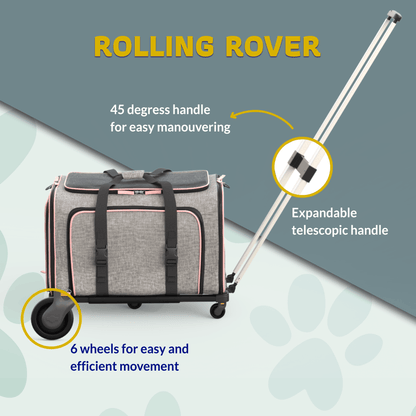 Rolling wheeled pet carrier in gray fabric with red trim, expandable top and telescoping handle