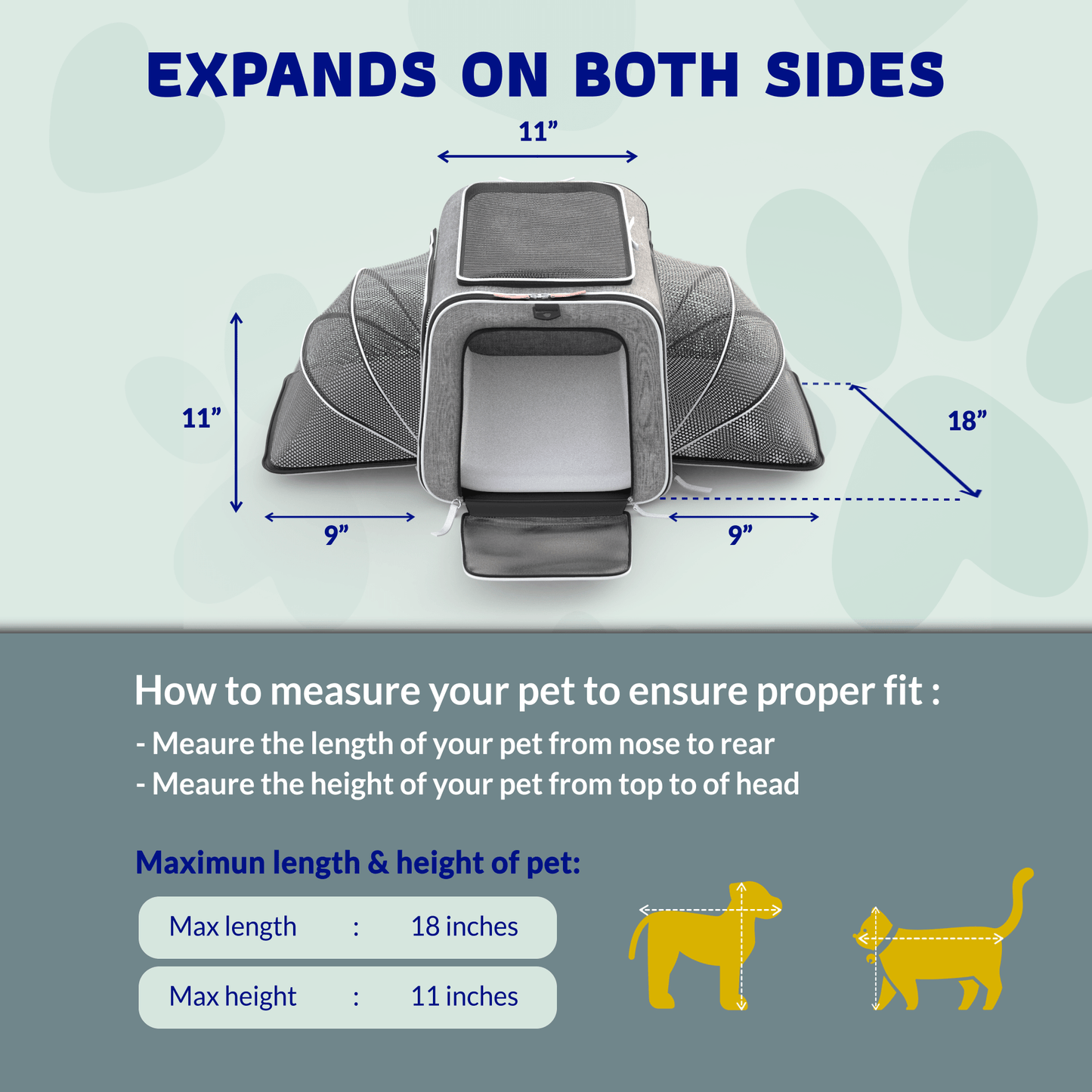 Expandable pet carrier expanded on both sides, showing front door and side measurements