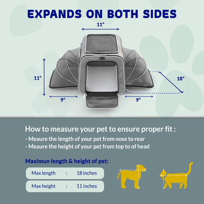Expandable pet carrier expanded on both sides, showing front door and side measurements