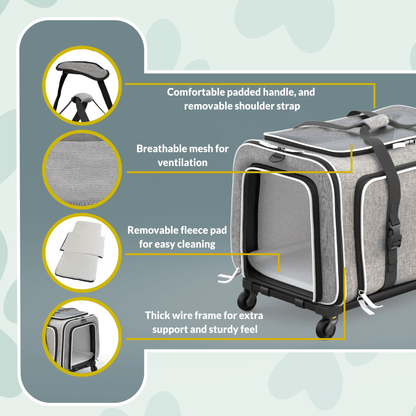 Expandable pet carrier features: padded handle, mesh ventilation, removable fleece pad, wheels
