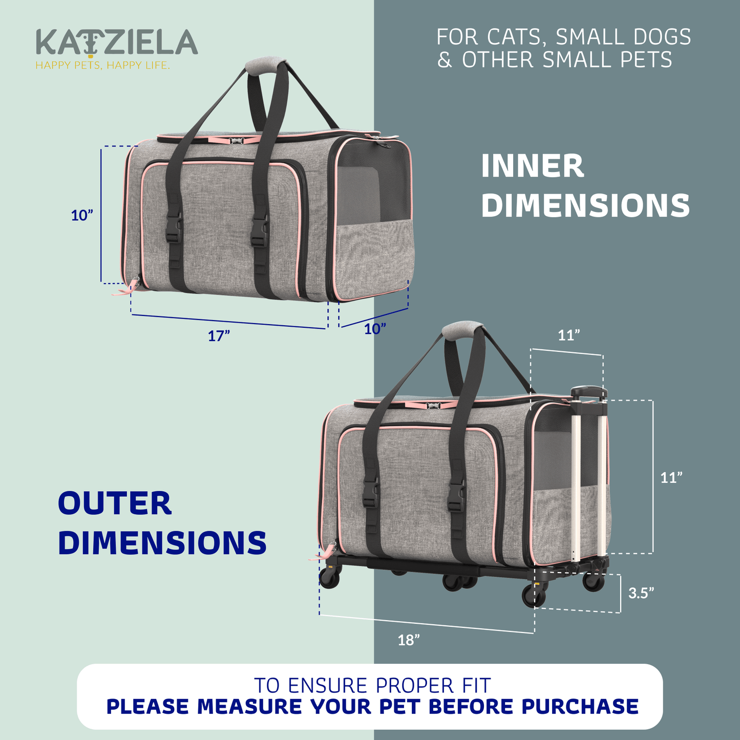 Gray rolling pet carrier with red piping, top handle and side straps, shown with inner dimensions