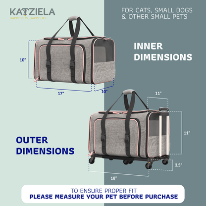 Gray rolling pet carrier with red piping, top handle and side straps, shown with inner dimensions