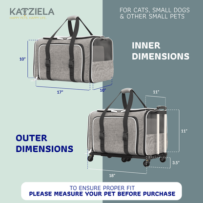 Expandable rolling pet carrier size diagram for inner and outer dimensions, gray