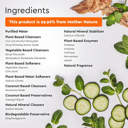 Ingredients graphic with plant-based cleanser list, cucumber slices, and mint leaves