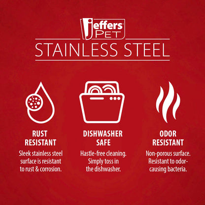 Jeffers PET stainless steel bowl care and odor resistant benefits label