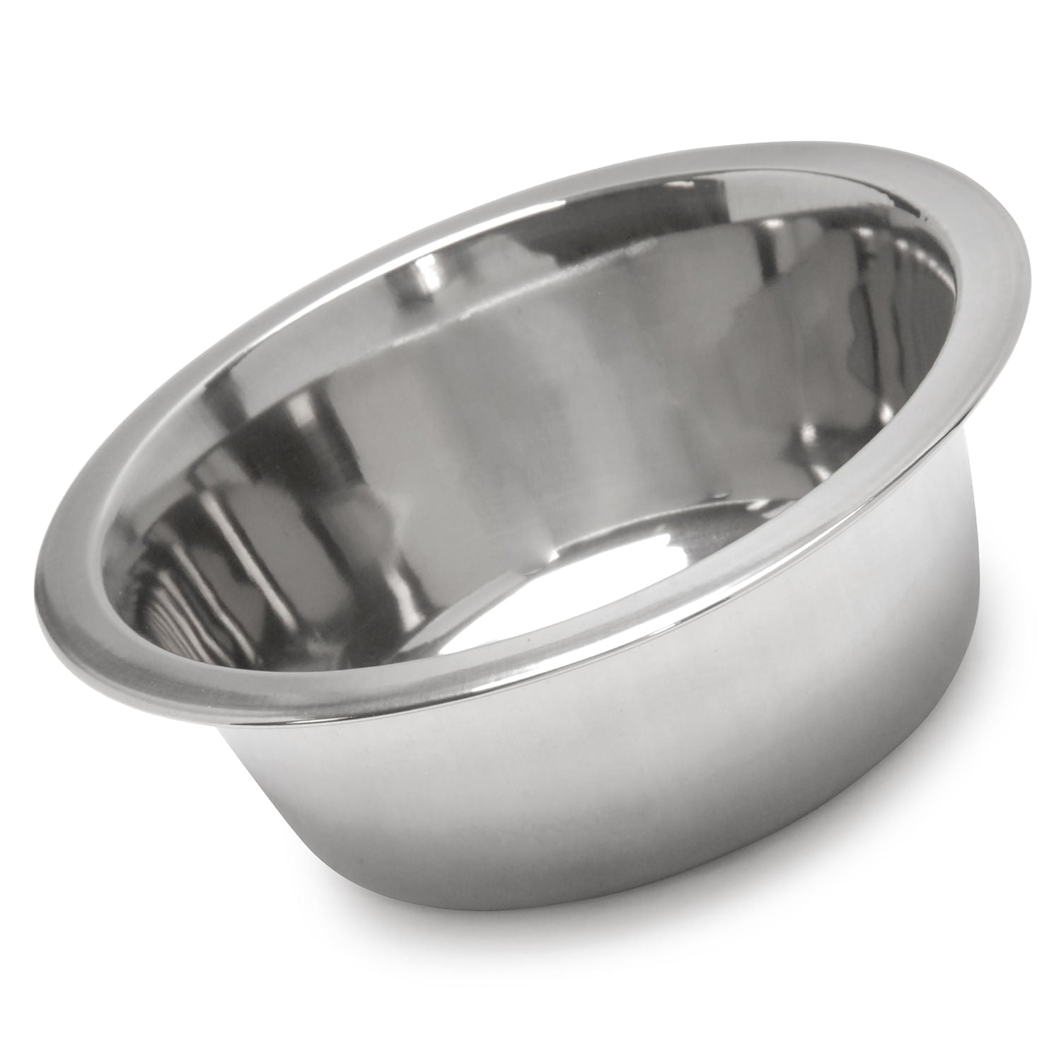 Stainless steel pet food and water bowl, angled side view