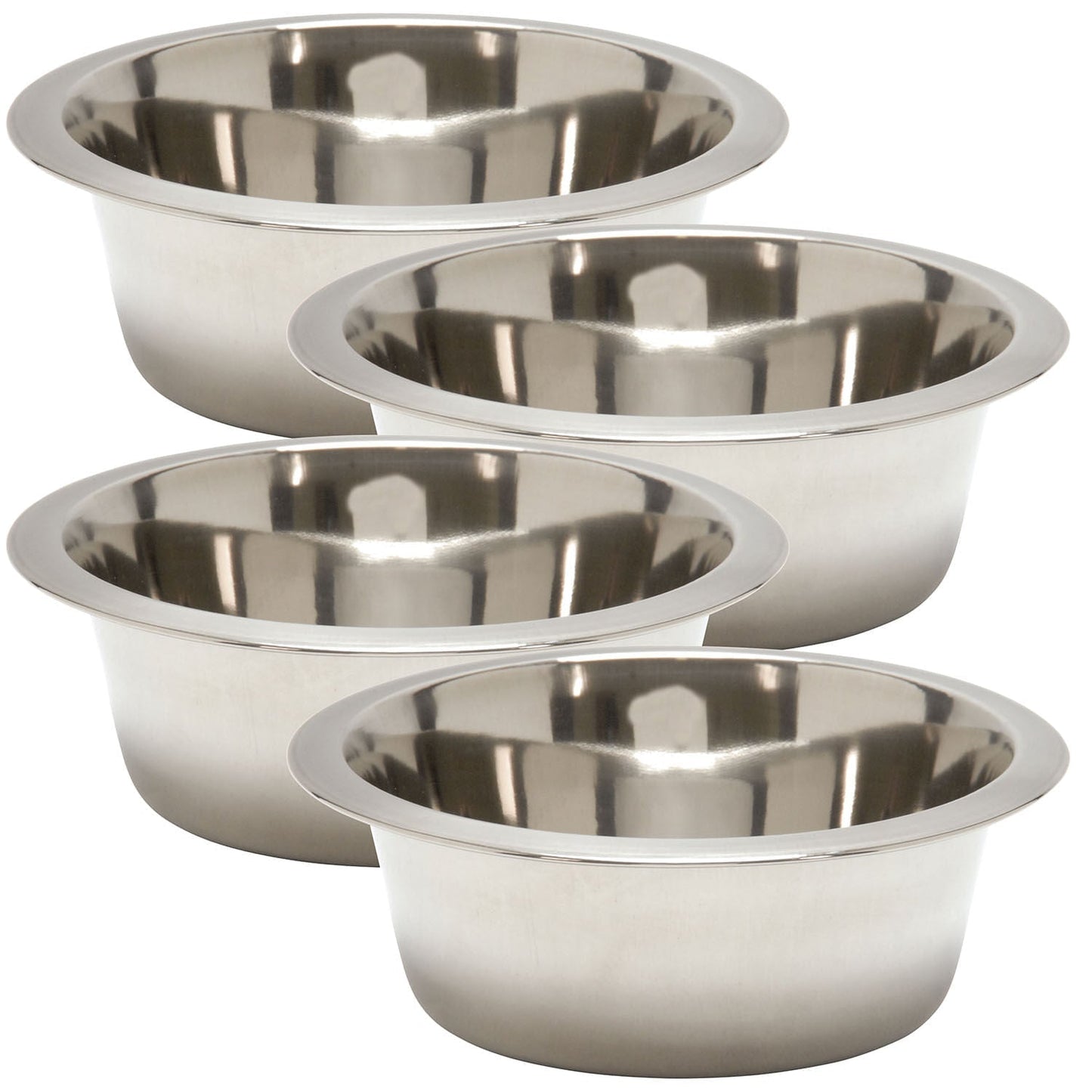 Jeffers stainless steel pet food and water bowls, 4 pack shown together