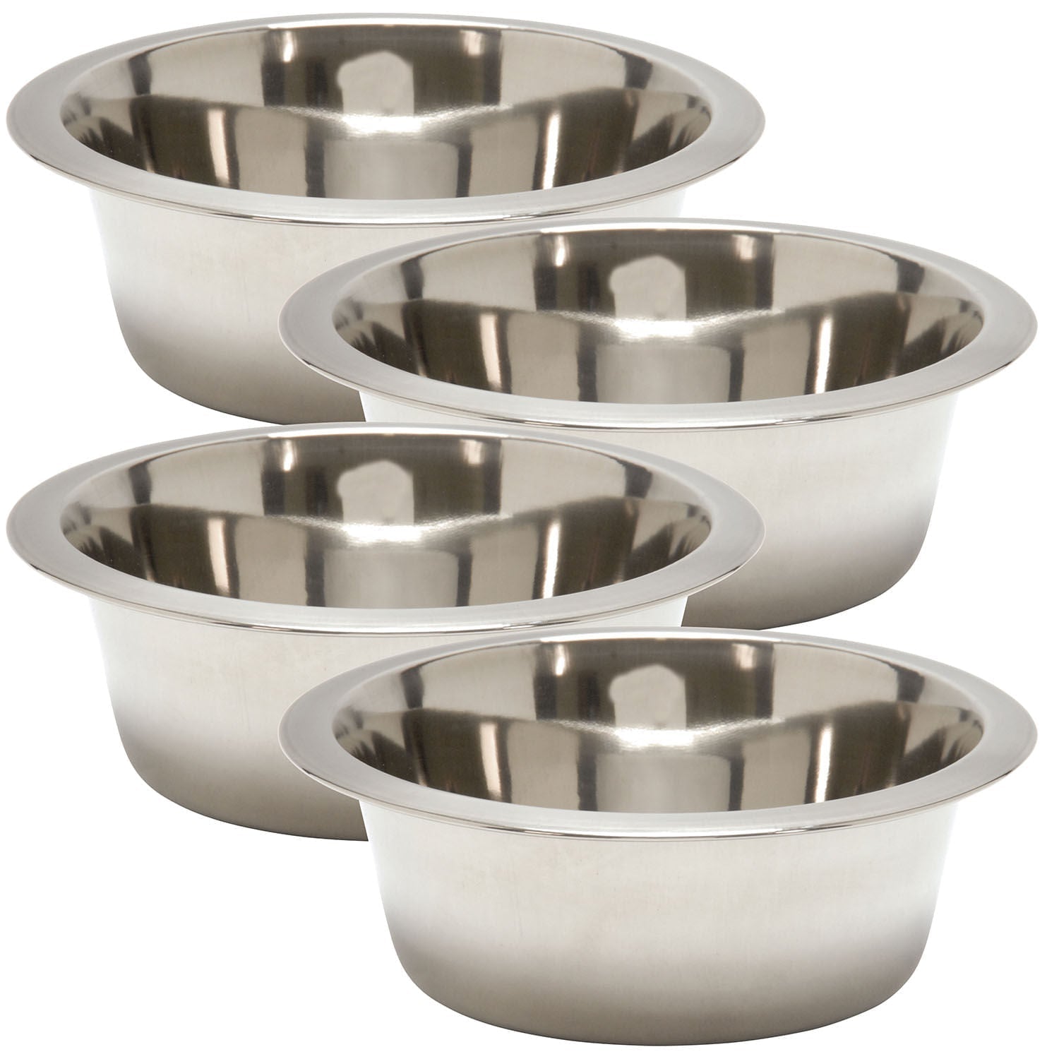 Jeffers stainless steel pet food and water bowls, 4 pack shown together