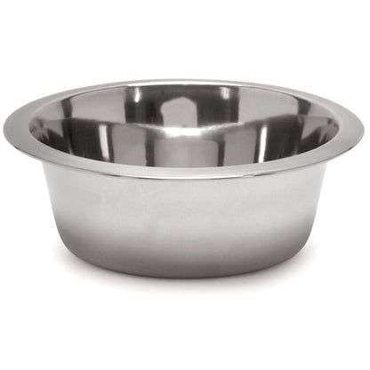 Stainless steel pet food and water bowl with wide rim, front view