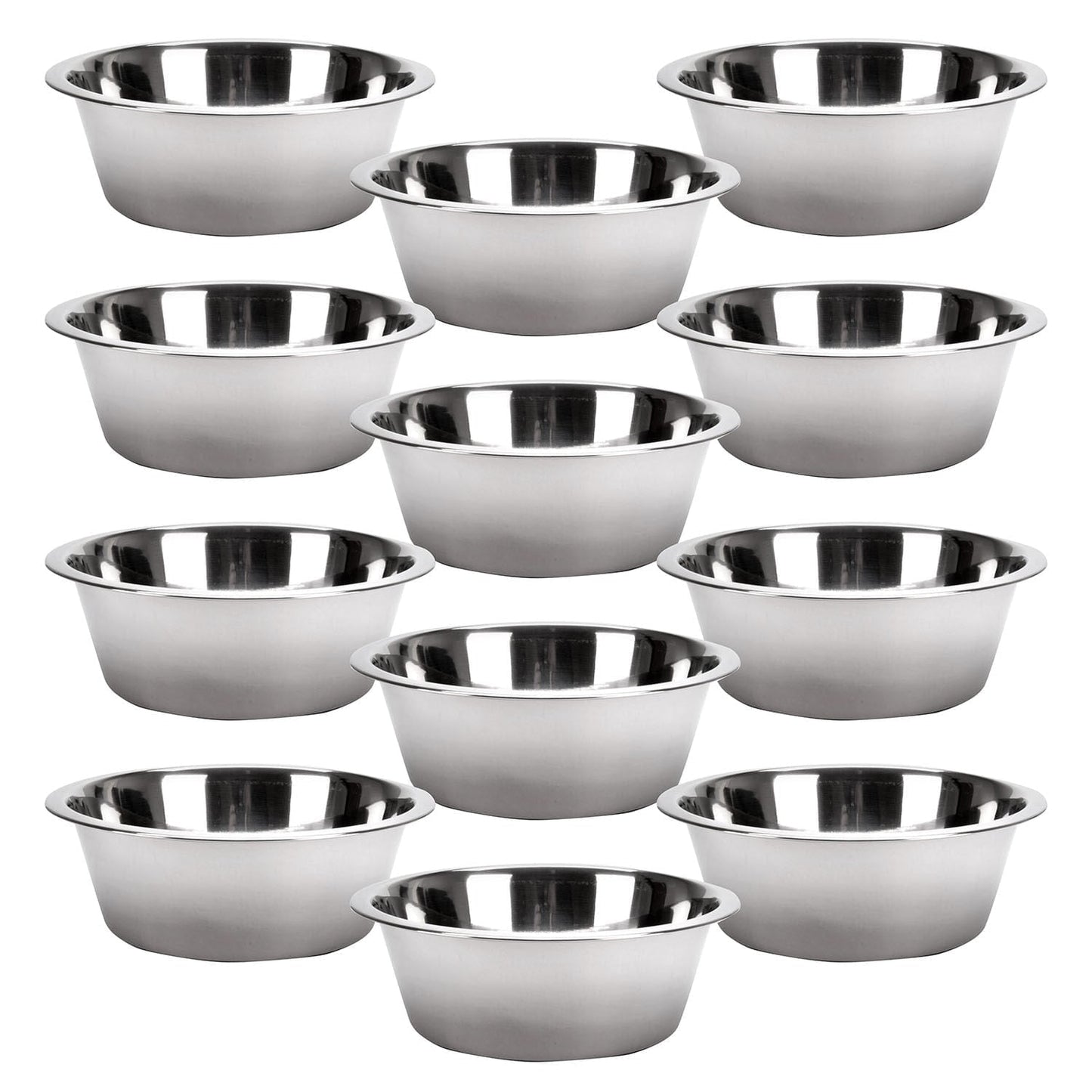 Set of stainless steel pet bowls, 10 round bowls stacked in a fan arrangement