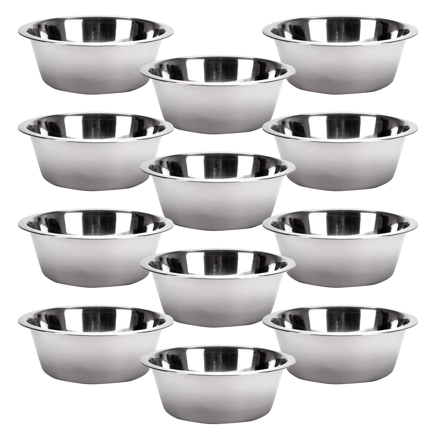 Set of stainless steel pet bowls, 10 round bowls stacked in a fan arrangement