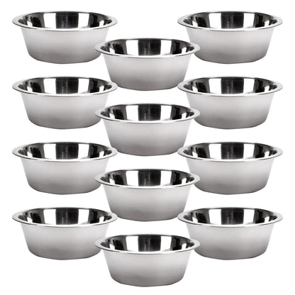 Set of stainless steel pet bowls, 10 round bowls stacked in a fan arrangement