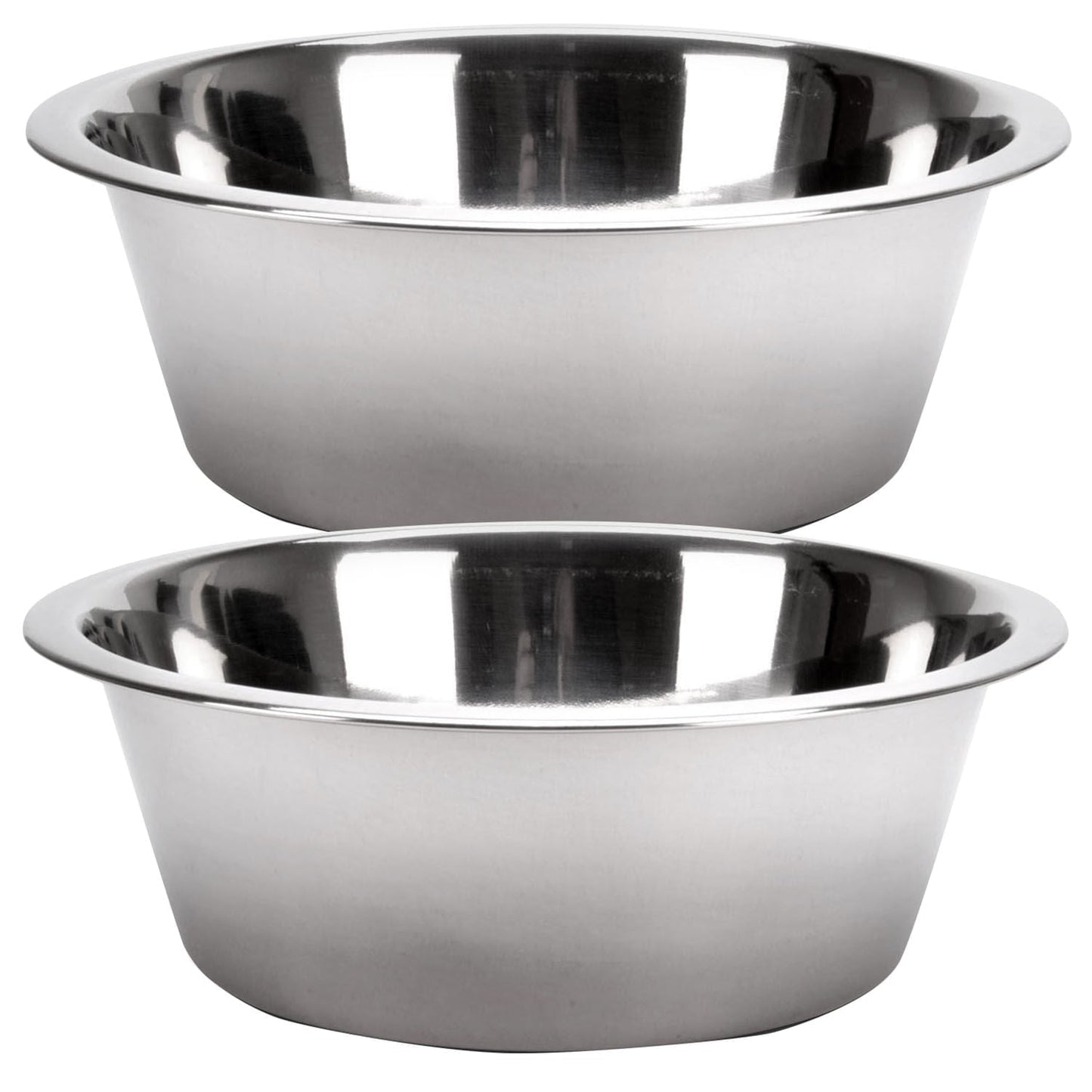 Stainless steel pet food and water bowls, two round bowls with polished rim