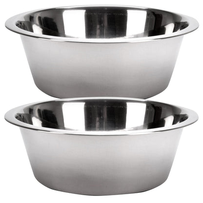 Stainless steel pet food and water bowls, two round bowls with polished rim