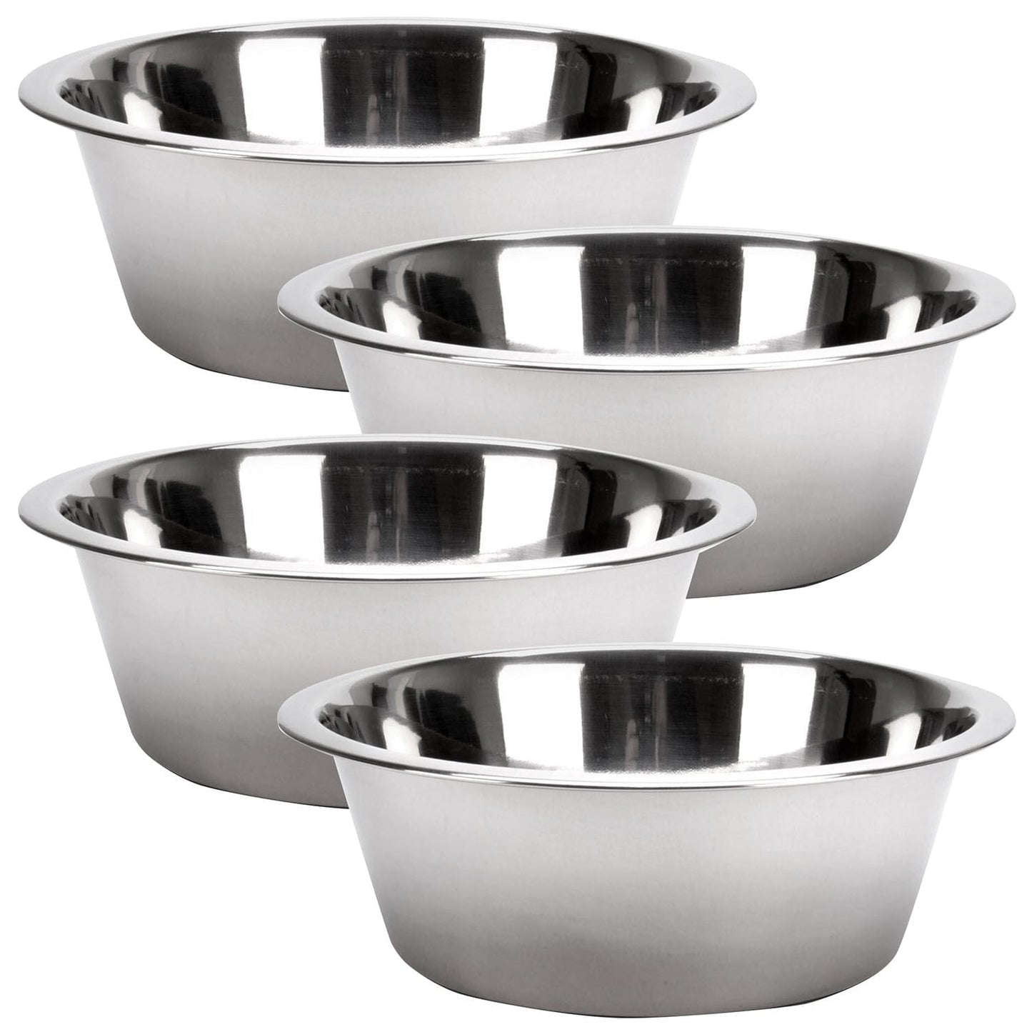 Stainless steel pet bowls, four round bowls showing shiny inner and flat rim