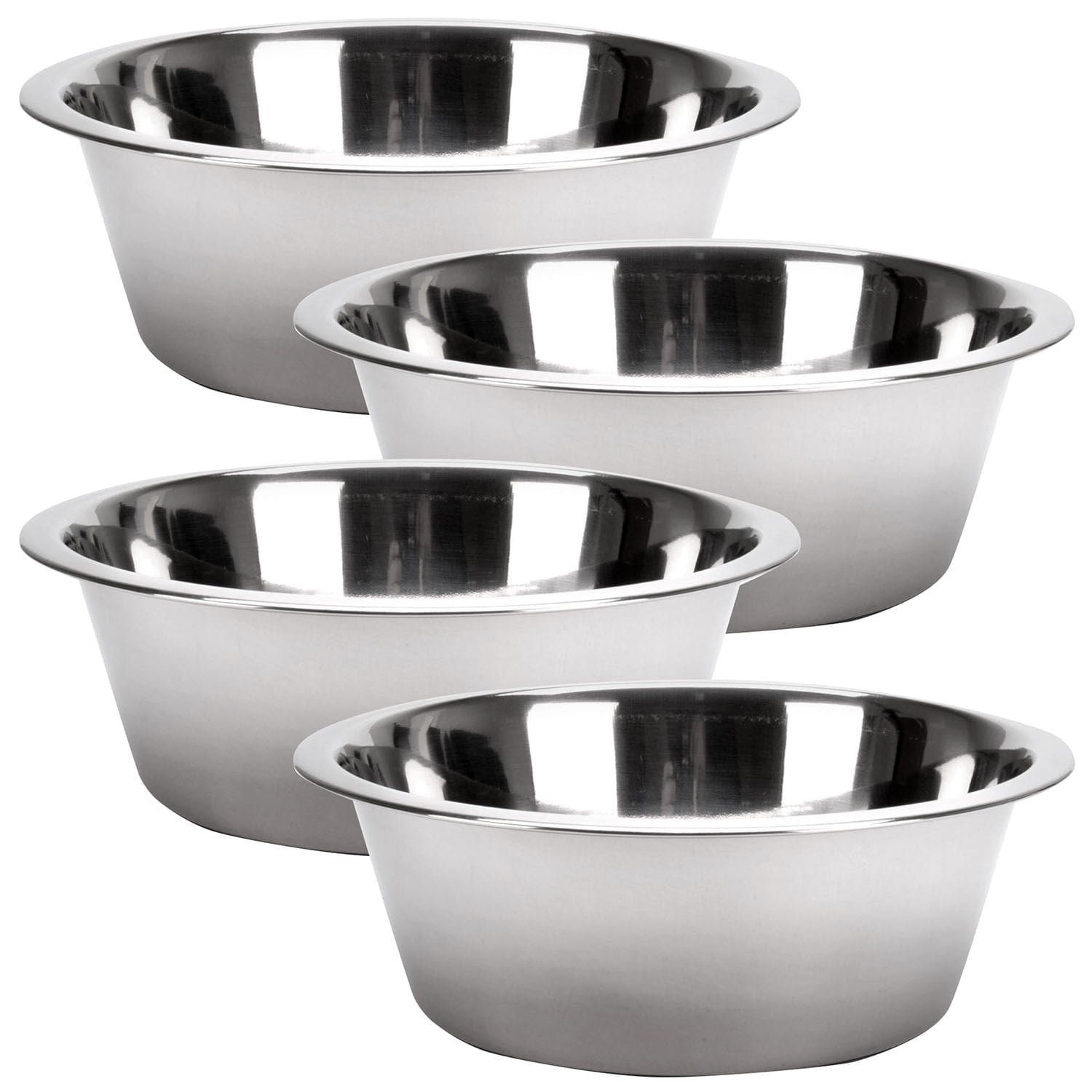 Stainless steel pet bowls, four round bowls showing shiny inner and flat rim