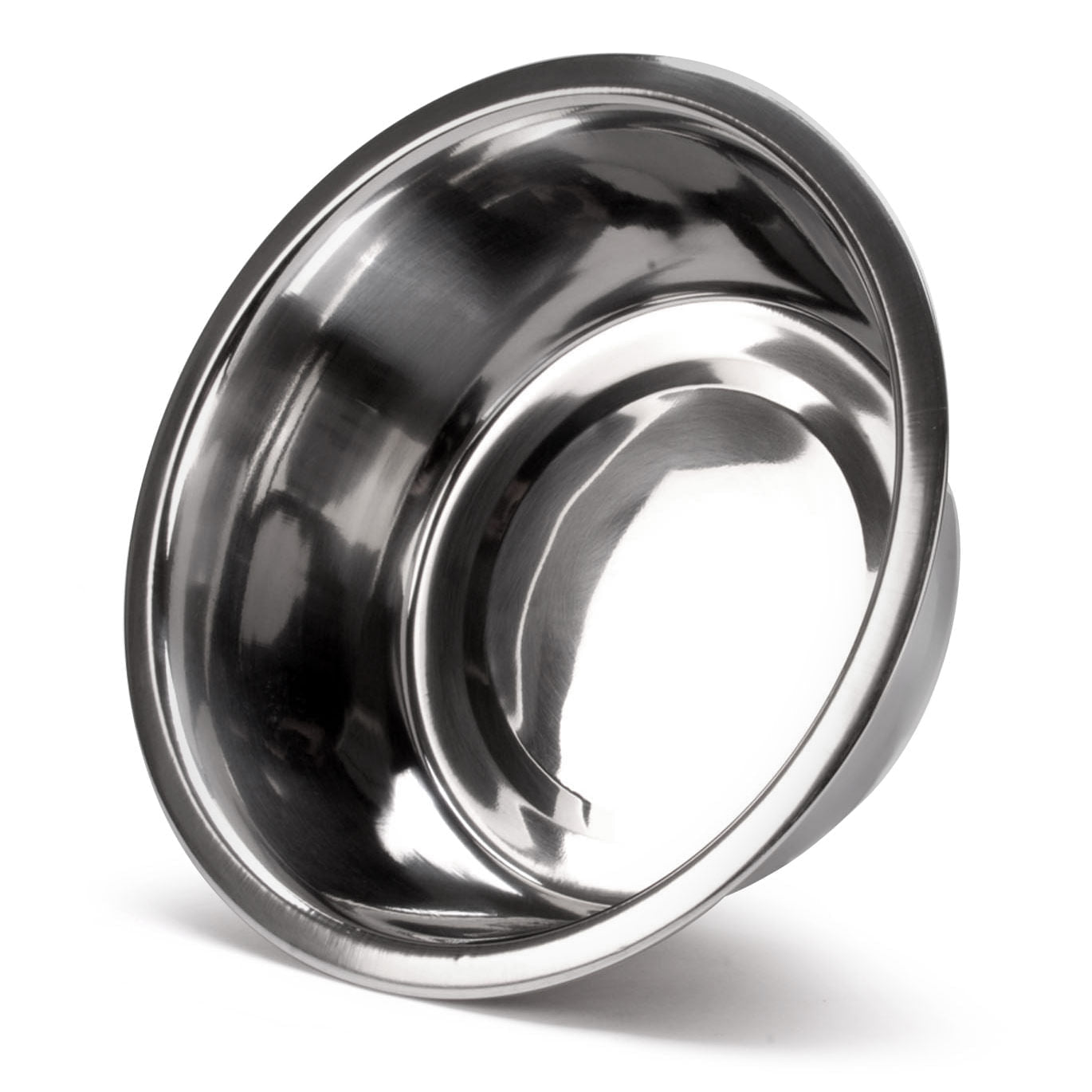 Stainless steel pet food and water bowl, underside and rim detail