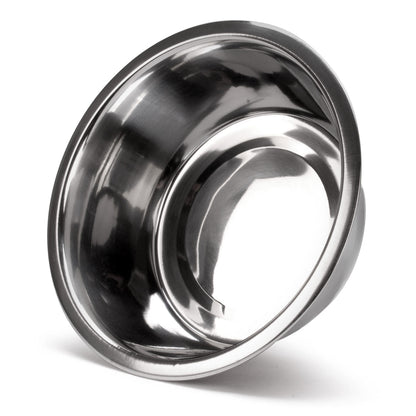 Stainless steel pet food and water bowl, underside and rim detail