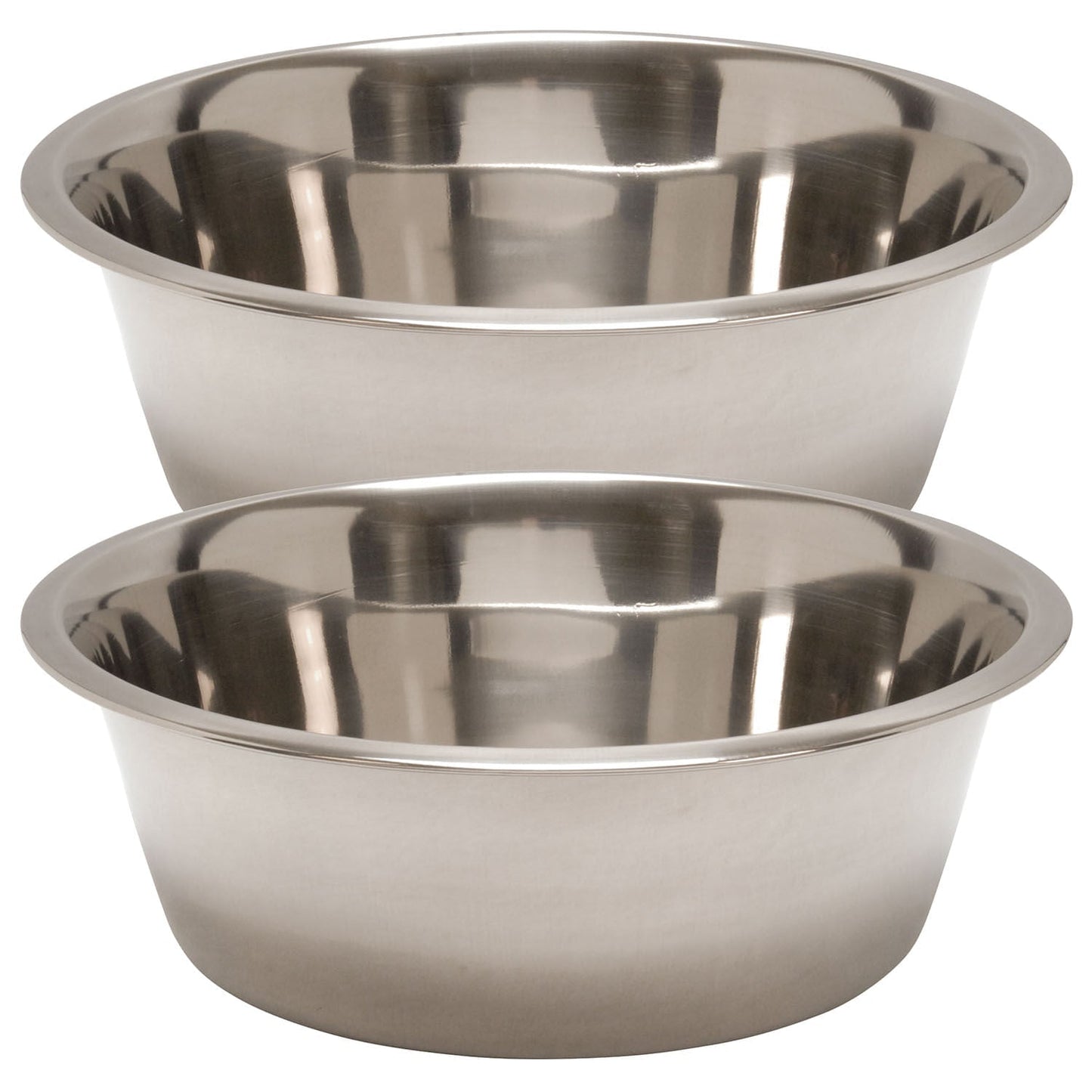 Stainless steel pet bowls, two round bowls with reflective interiors and rims