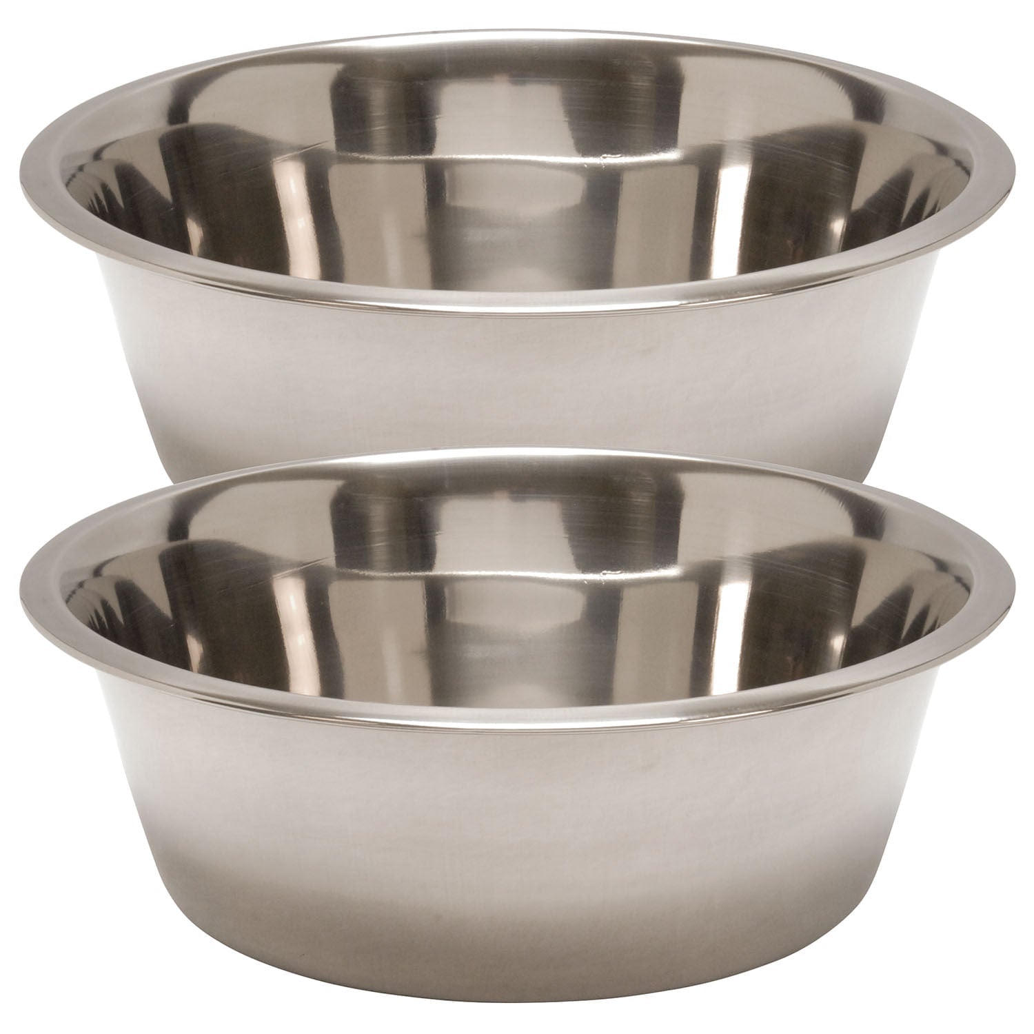 Stainless steel pet bowls, two round bowls with reflective interiors and rims