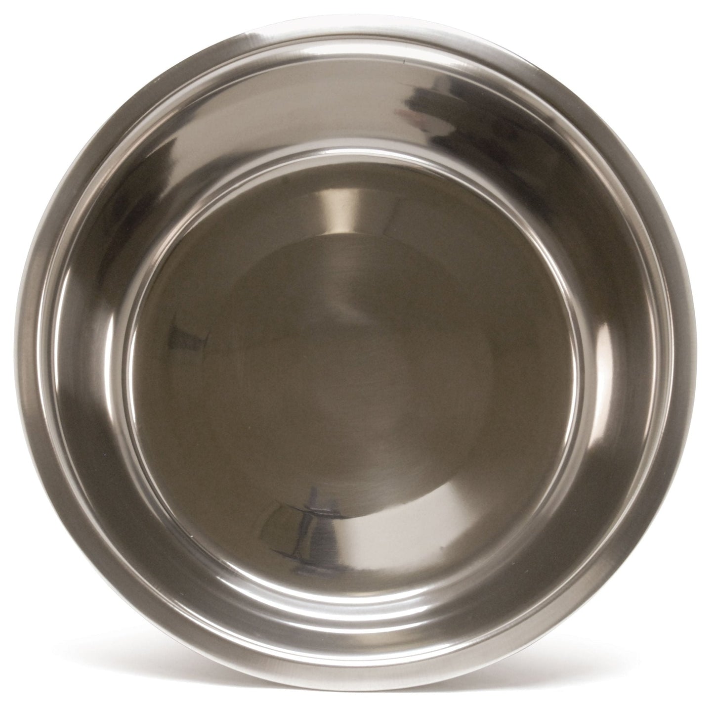 Stainless steel pet food and water bowl, underside view with circular base