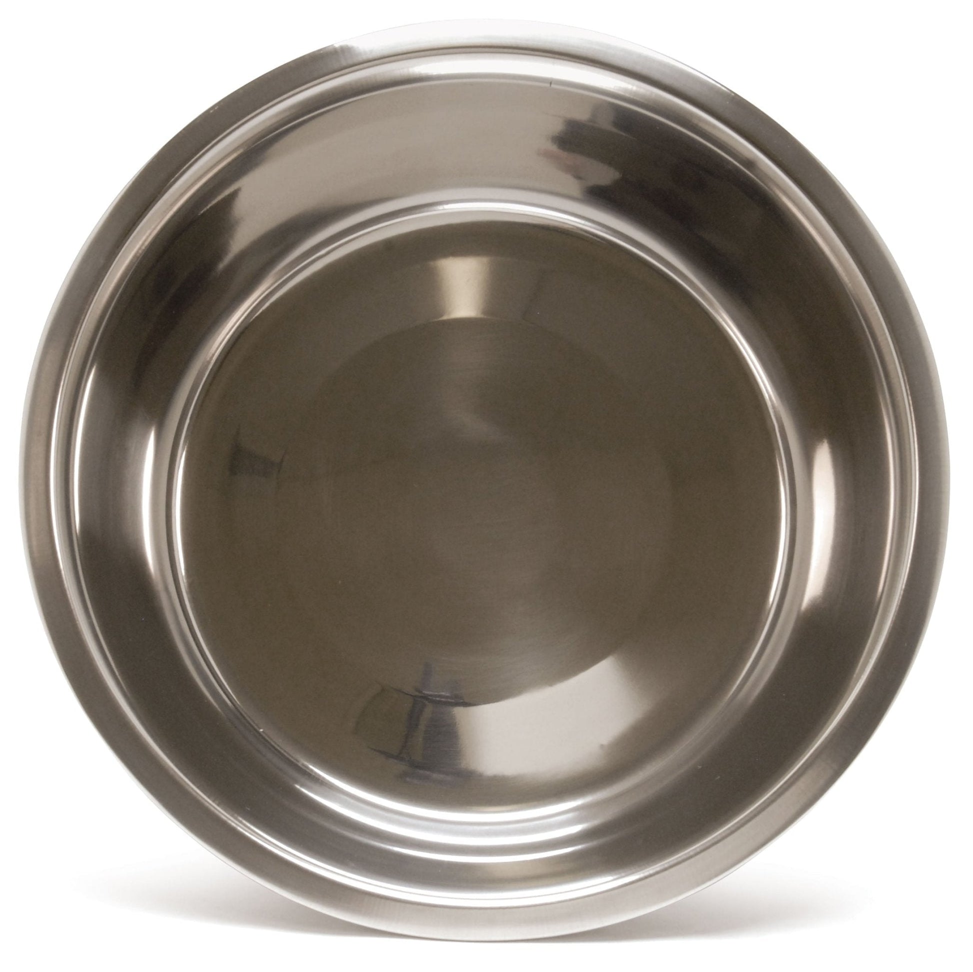 Stainless steel pet food and water bowl, underside view with circular base