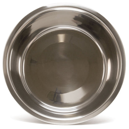 Stainless steel pet food and water bowl, underside view with circular base