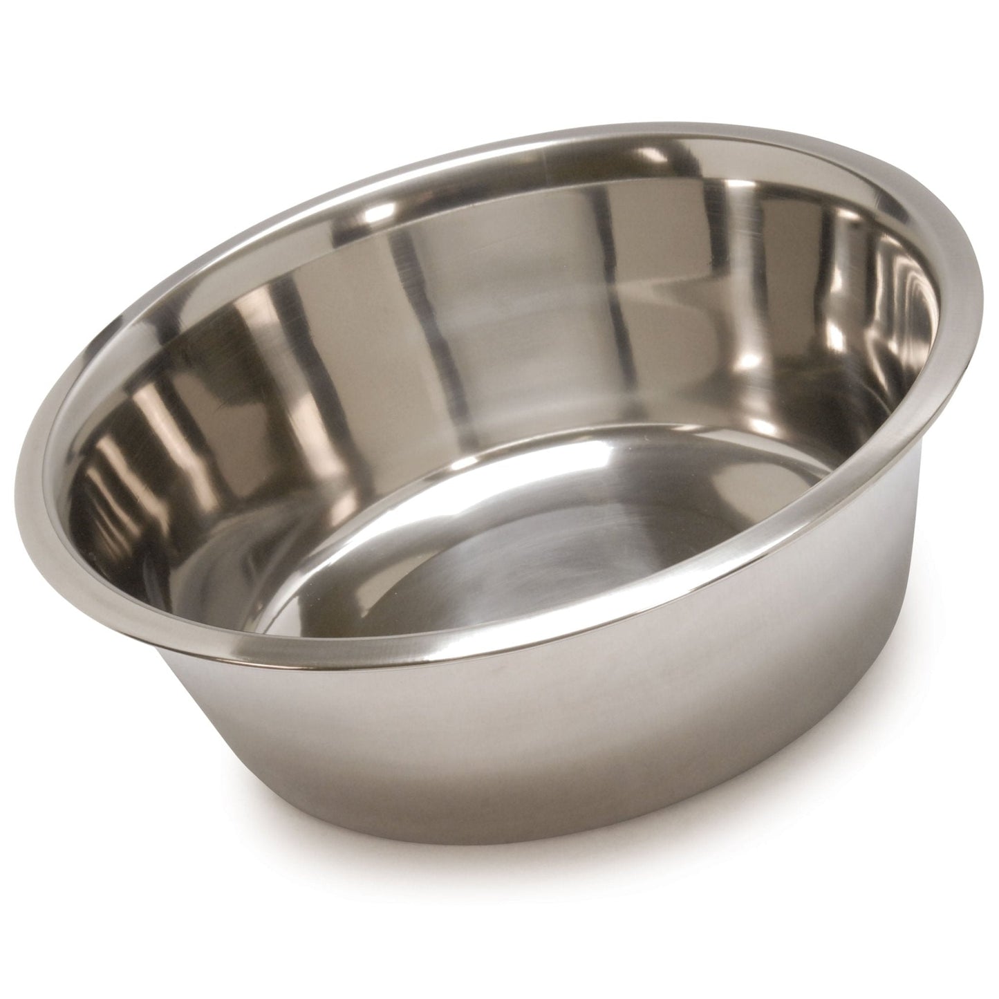 Stainless steel pet food and water bowl with wide inner bowl, angled view