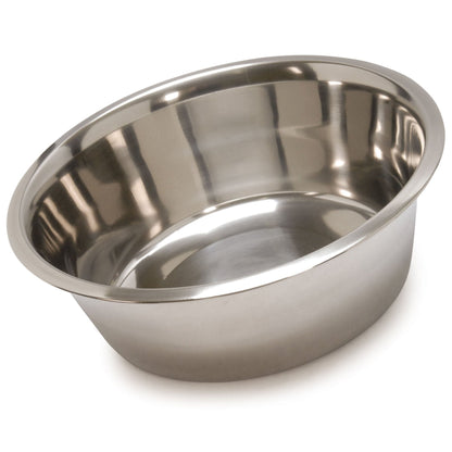 Stainless steel pet food and water bowl with wide inner bowl, angled view