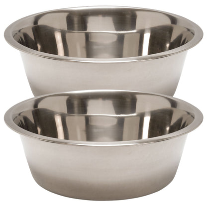 Stainless steel pet food and water bowls, two round bowls with shiny interior