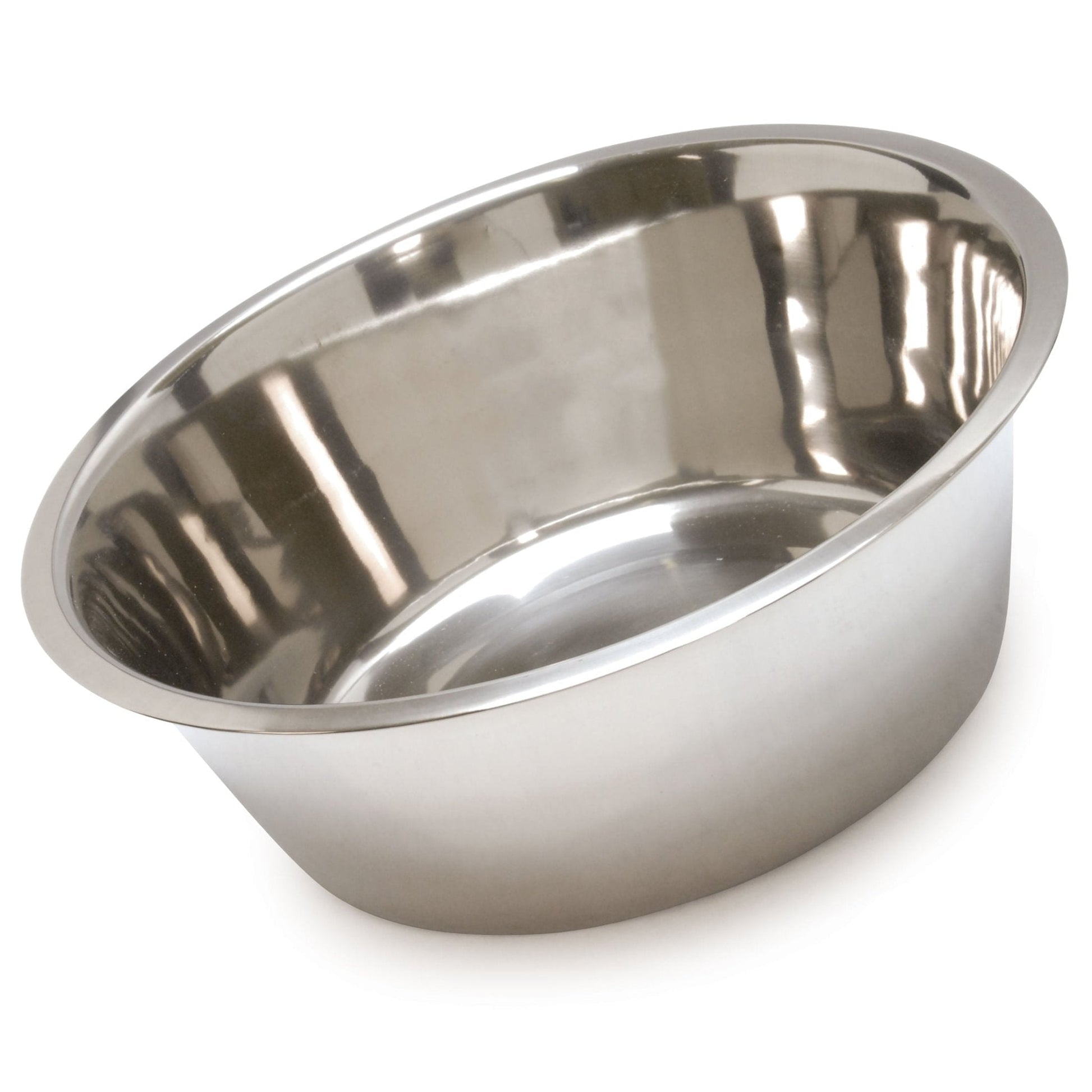 Stainless steel pet food and water bowl, close angled interior view