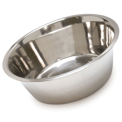 Stainless steel pet food and water bowl, close angled interior view