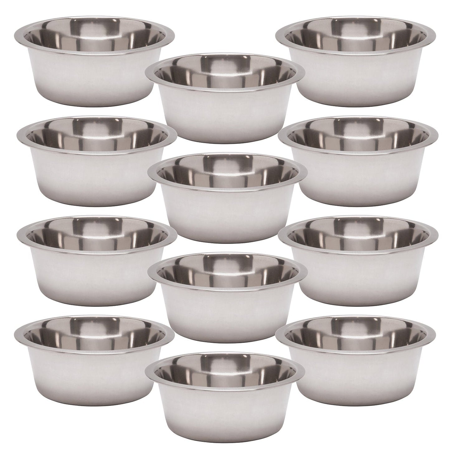 Set of stainless steel pet bowls, 12 round bowls arranged in rows