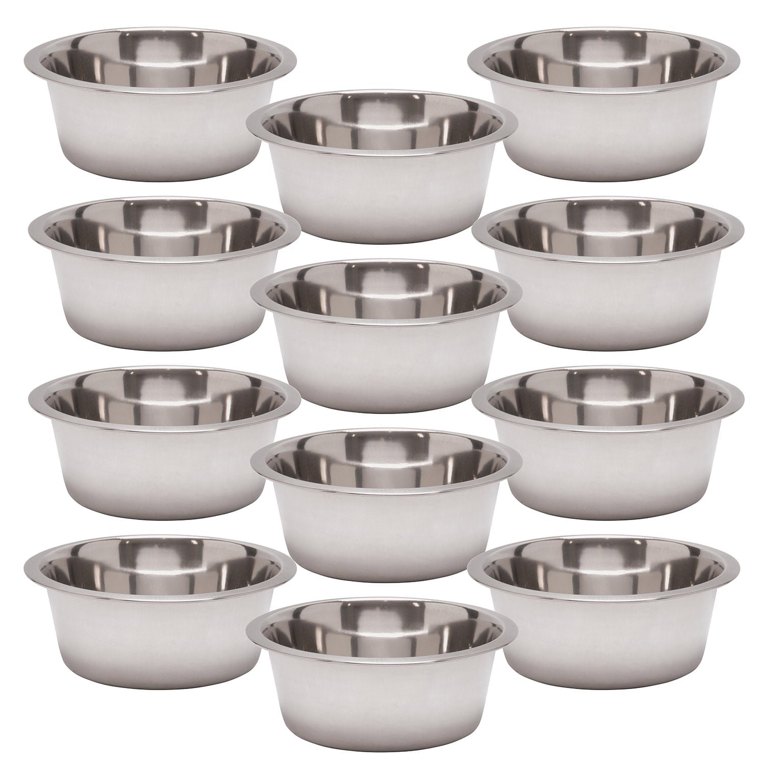 Set of stainless steel pet bowls, 12 round bowls arranged in rows