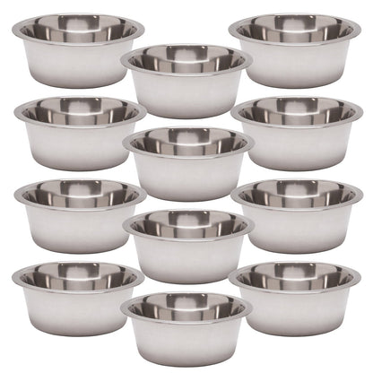 Set of stainless steel pet bowls, 12 round bowls arranged in rows