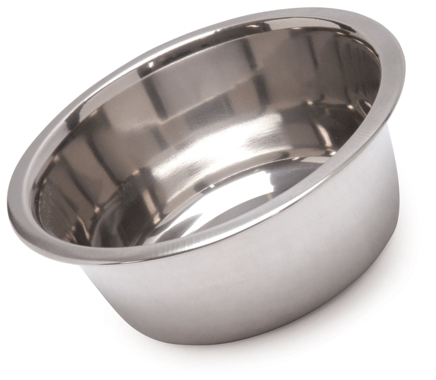 Jeffers stainless steel pet food and water bowl, angled view of smooth rim