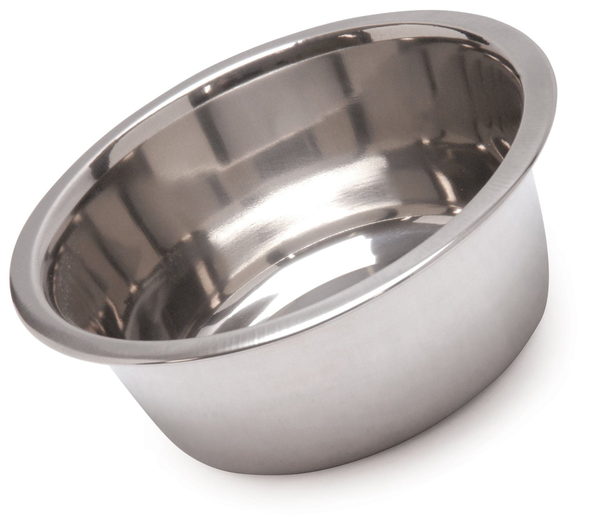 Jeffers stainless steel pet food and water bowl, angled view of smooth rim