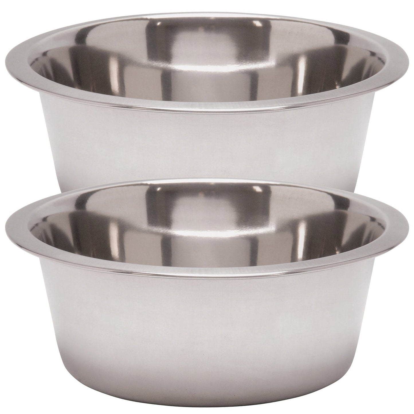 Two stainless steel pet bowls, round with reflective inner and smooth outer sides