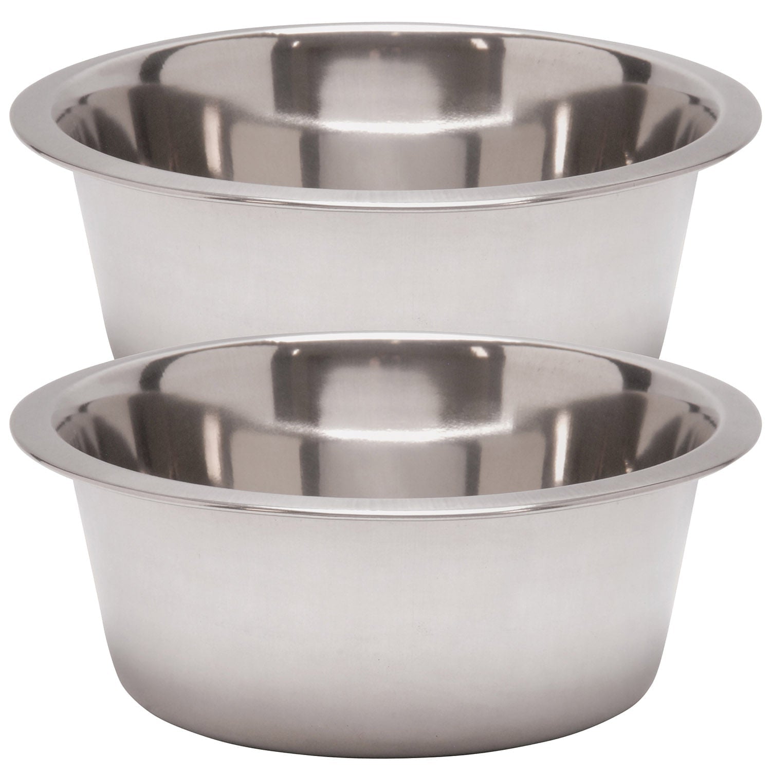 Two stainless steel pet bowls, round with reflective inner and smooth outer sides