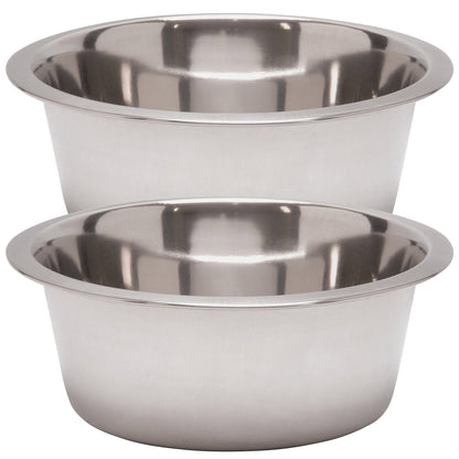 Two stainless steel pet bowls, round with reflective inner and smooth outer sides