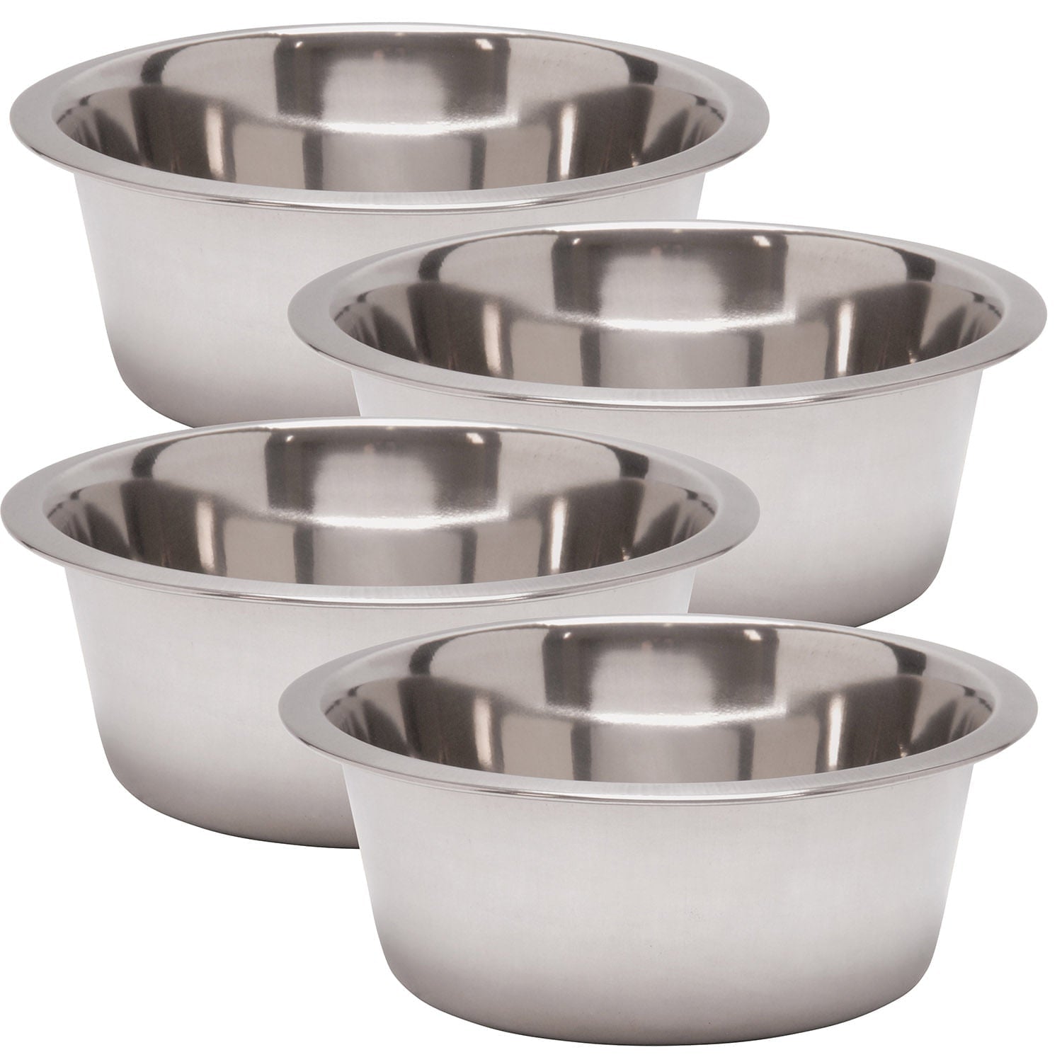Stainless steel pet bowls, three round bowls stacked diagonally with shiny interiors