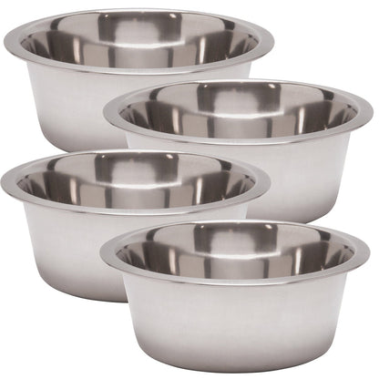 Stainless steel pet bowls, three round bowls stacked diagonally with shiny interiors