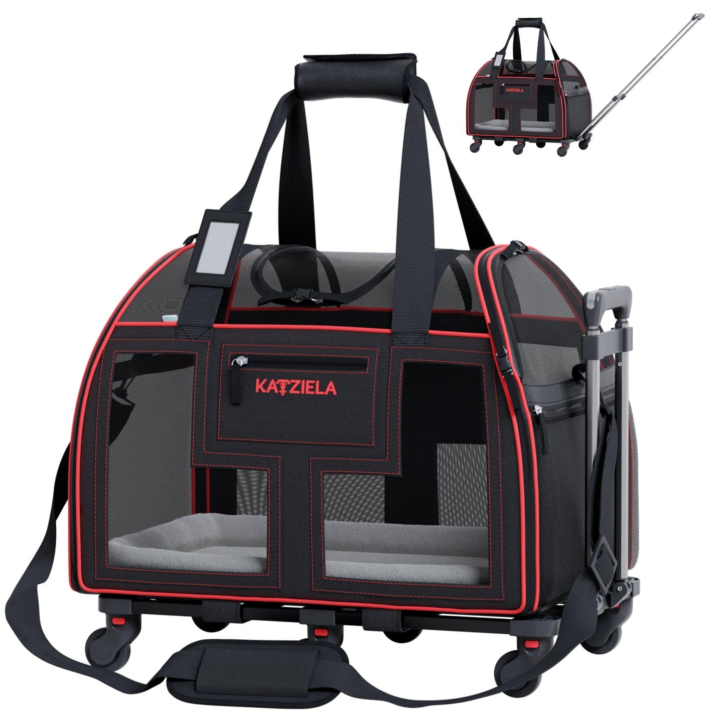 Black and red rolling pet carrier with mesh windows, wheels, and telescopic handle