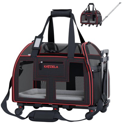 Black and red rolling pet carrier with mesh windows, wheels, and telescopic handle