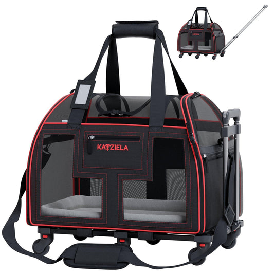 Black and red rolling pet carrier with mesh windows, wheels, and telescopic handle