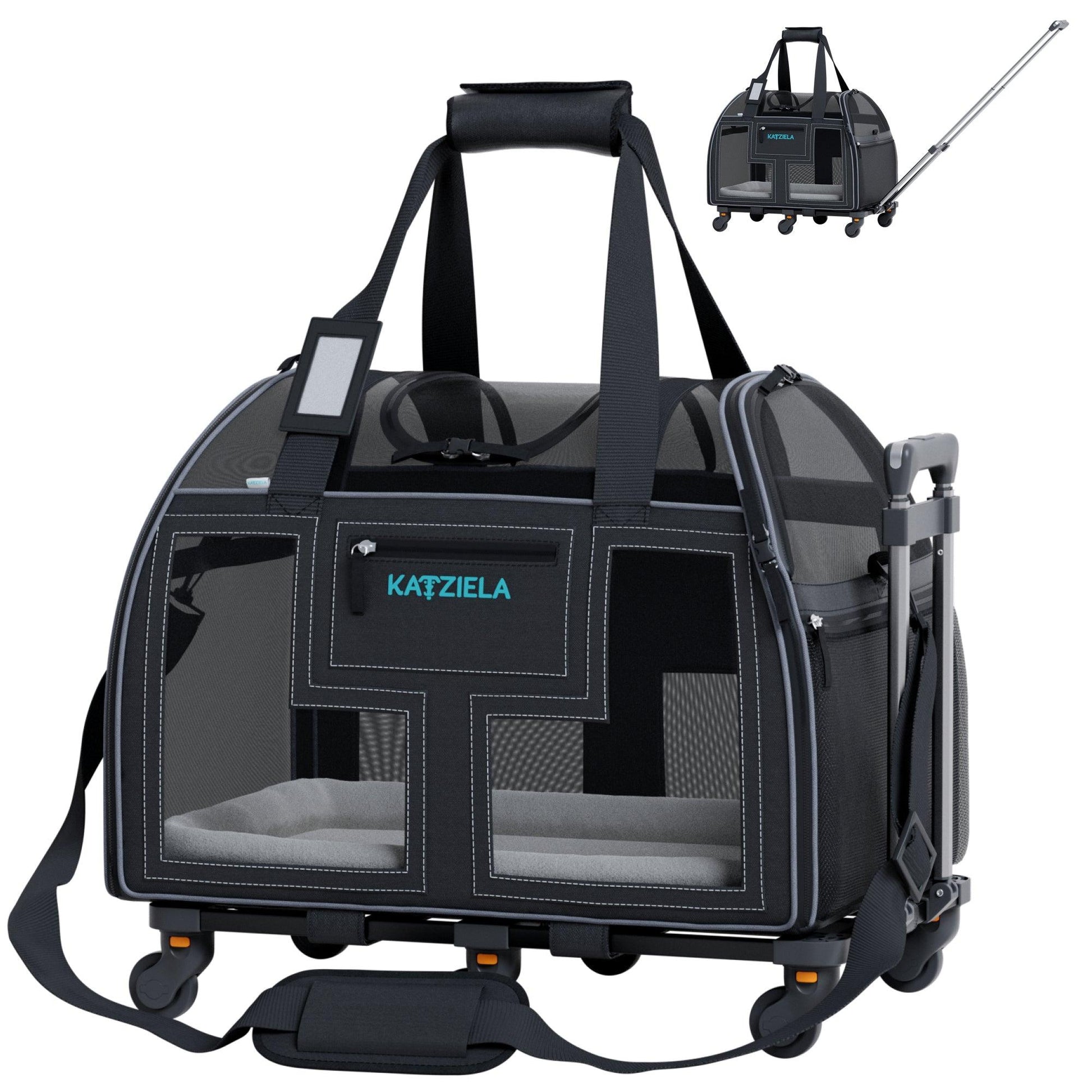 Dark gray rolling pet carrier with mesh windows, wheels, and telescopic handle